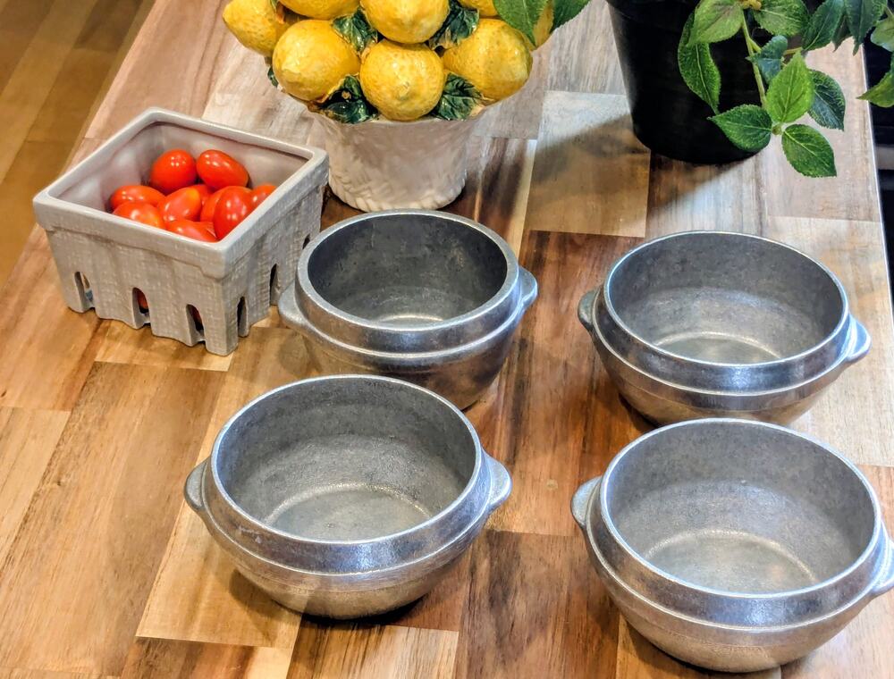 Vtg Pewter Style Metal Individual Soup Bowls Set of 4 Tab Handle Crock JW Mark